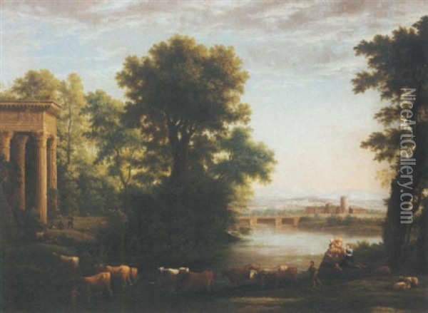 A Pastoral Landscape With Drovers And Cattle Fording A River Before A Classical Portico Oil Painting - Claude Lorrain
