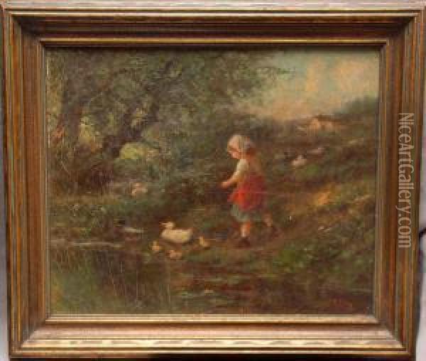 A Young Girl With Ducks Beside A Stream Oil Painting - James Crawford Thom