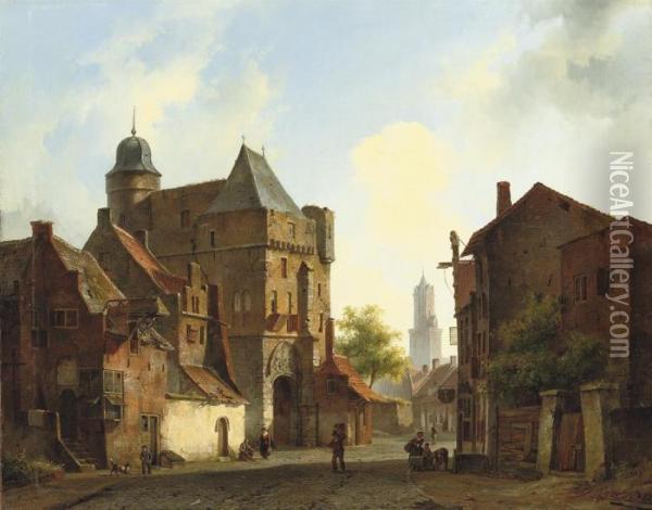 A Peaceful Town Square In Summer Oil Painting - Cornelis Springer