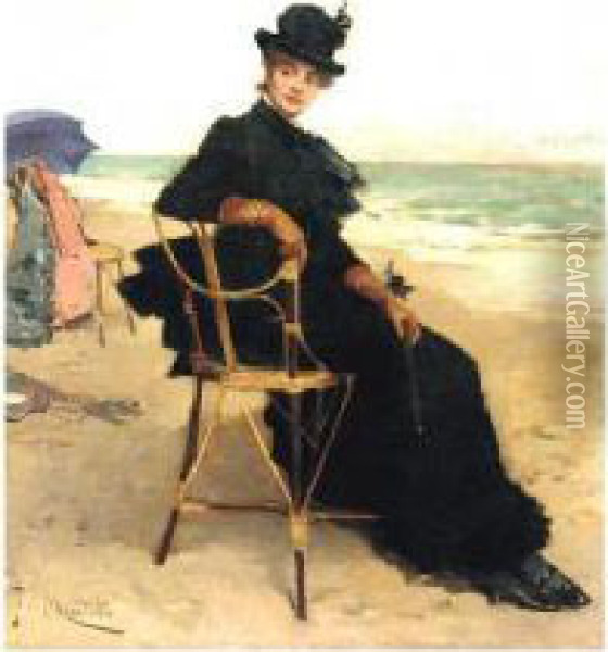 A Lady Seated On The Beach Oil Painting - Francisco Miralles Galup