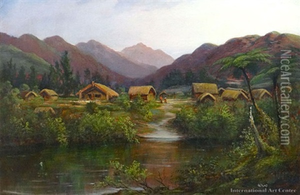 Maori Settlement, East Coast Oil Painting - Charles Blomfield