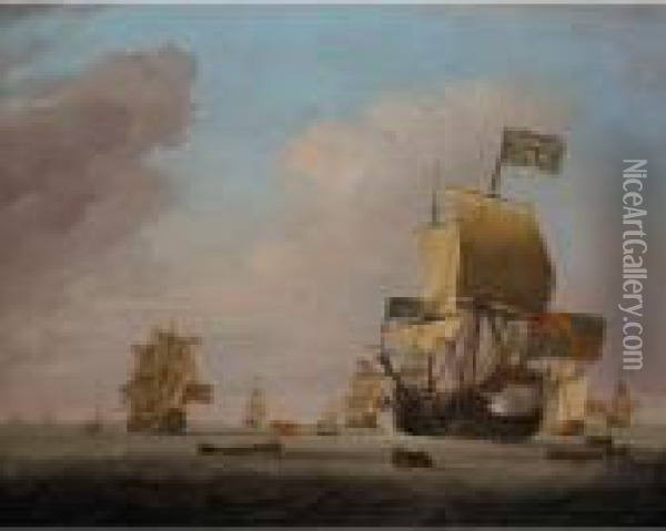 The Albemarle 80/90 Guns-flagship Of Admiral Of The Fleet Sir
 John Leake, Kt. The English Fleet Coming To Anchor In The Bay Of
 Barcelona, 15th May 1708. Leake Saluted The Town With 21 Guns And
 Called A Council Of War On Board His Flagship Prior To T Oil Painting - Peter Monamy