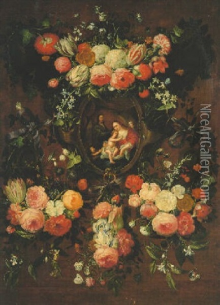 The Madonna And Child With The Infant St. John And Angels In A Stone Niche Surrounded By A Wreath Of Flowers Oil Painting - Daniel Seghers