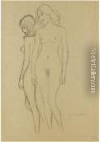 Zwei Madchenakte, Der Eine Von Vorne, Der Andere Nach Links Oil Painting - Gustav Klimt