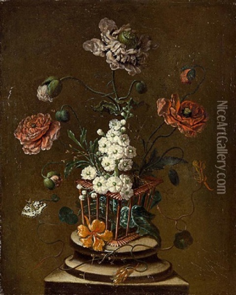 Blumenstillleben Mit Schmetterlingen Oil Painting - Johann Martin Metz