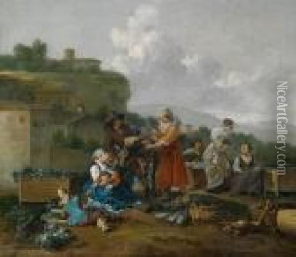Scena Di Mercato Con Una Citta Dell'italia Meridionale Sullo Sfondo Oil Painting - Hendrick Mommers