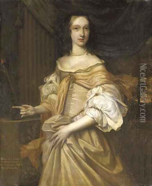 Portrait of Lady Catherine Dormer, three-quarter-length, in a pink dress with jewels and a pearl necklace, by a column Oil Painting - John Michael Wright