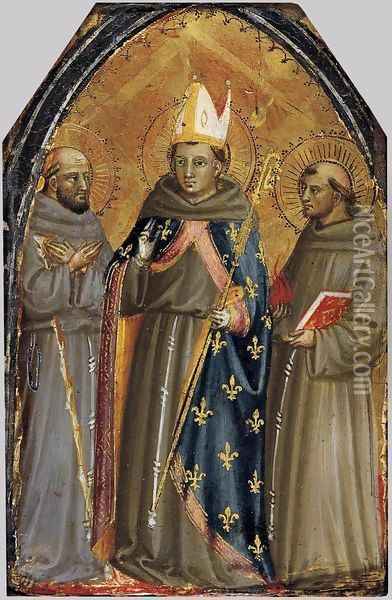 Sts Francis of Assisi, Louis of Toulouse and Anthony of Padua Oil Painting - Bicci Di Lorenzo