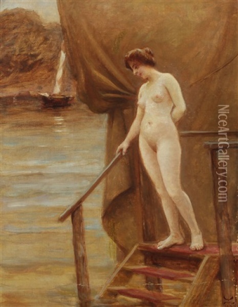 A Nude Woman On A Jetty Oil Painting - Christian Valdemar Clausen