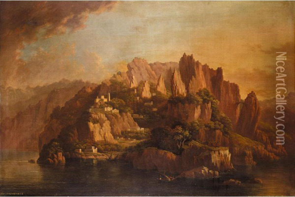 A Rocky Coast With A Monastery In The Foreground Oil Painting - Hellen Melville