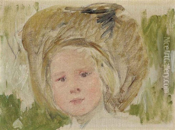 Head Of A Girl In A Hat With A Black Rosette (sketch) Oil Painting - Mary Cassatt