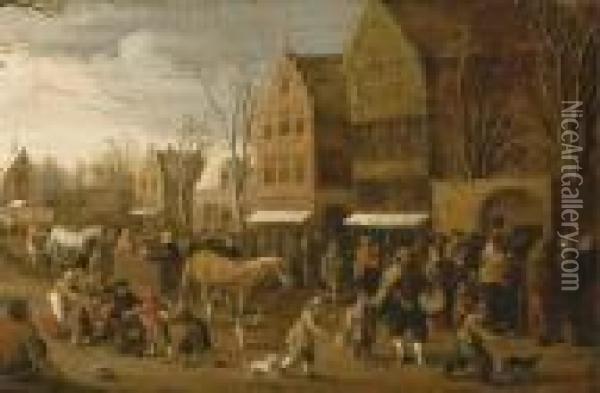 A Town View With Figures Gathered In The Street Oil Painting - Joost Cornelisz. Droochsloot