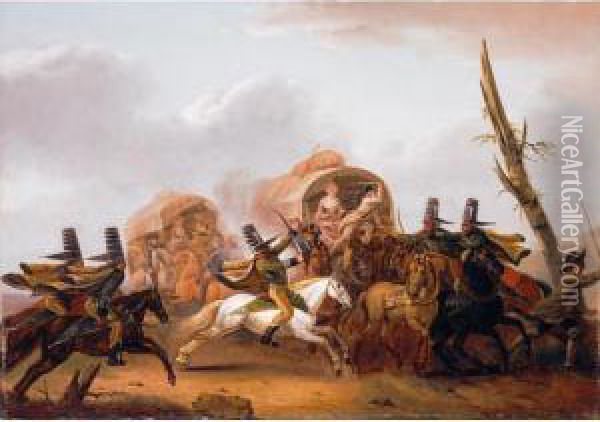 A Caravan Attacked By The Cavalry Oil Painting - Nicolas Louis Albert Delerive