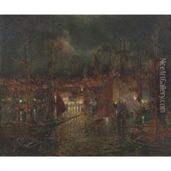 Nocturnal View Of A Port Oil Painting - Luis Graner y Arrufi