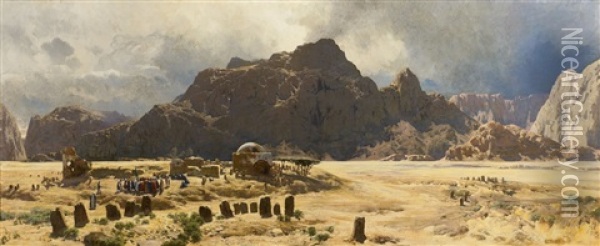 Sinai Landscape With The Mountain Jebel El-deir And The Tomb Of Sheik Nabi Saleh Oil Painting - Carl Cowen Schirm