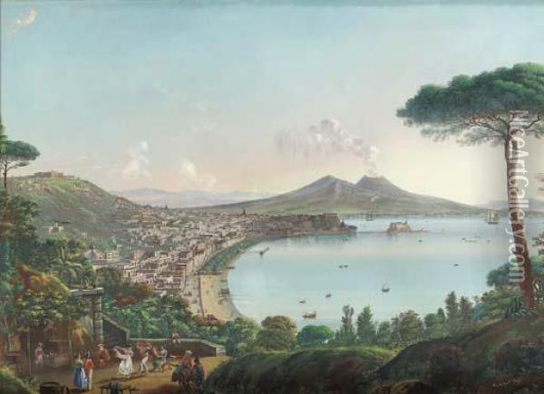 The Bay Of Naples With An American Frigate
Signed 'painted By N. Calyo.' (lower Right) Oil Painting - Nicolino Calyo