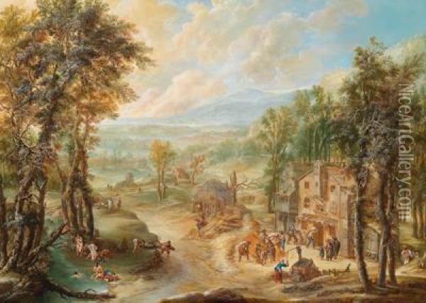 Maximilian Josephschinnagl Eine Weite Landschaft Mitbadenden Im Linken Vordergrund Oil Painting - Franz Ferg