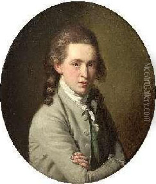 Half Length Portrait Of A Young Man With Arms Folded In A Greyjacket Oil Painting - Henri Pierre Danloux