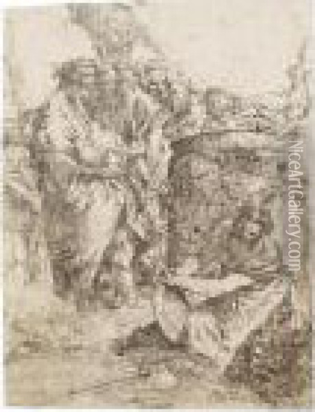 Kniende Frau Vor Den Magiern Und Anderen Figuren Oil Painting - Giovanni Battista Tiepolo