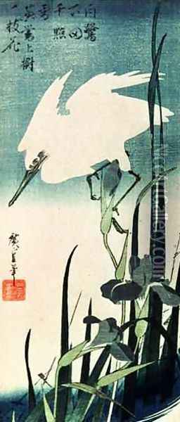 White Heron and Iris Oil Painting - Utagawa or Ando Hiroshige