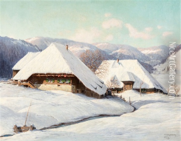Schneebedeckte Schwarzwaldhofe In Der Morgensonne Oil Painting - Karl Hauptmann