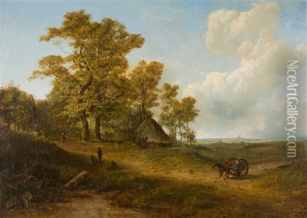 Hollandische Landschaft Mit Bauernstaffage, Am Horizont Die Silhouette Einer Stadt Oil Painting - Pieter Lodewijk Francisco Kluyver