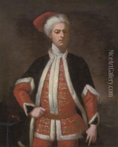 Portrait Of A Gentleman, 
Three-quarter-length, In A Red Suit Embroidered With Gold, And A Blue 
Mantle, Both Trimmed With White Fur, And A Red Hat With White Fur Trim, 
His Left Hand Resting On The Hilt Of His Sword, In A Landscape Oil Painting - Enoch Seeman