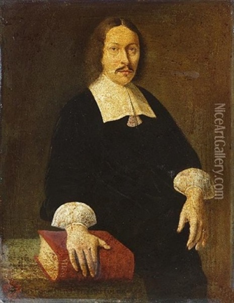 Portrait Of Rudolfus Capellus, In Black Costume With A Lawn Collar, At A Draped Table With His Right Hand Resting On A Bible Oil Painting - Abraham Snaphaen