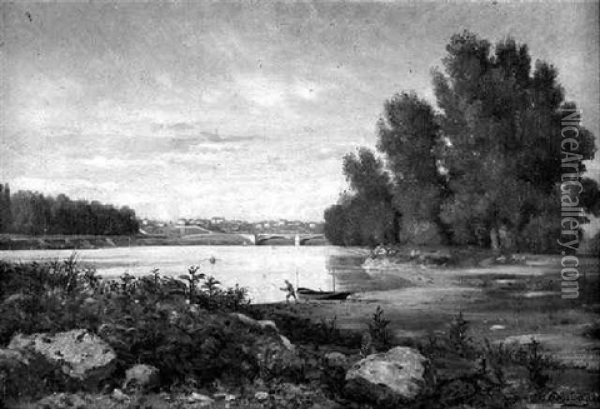 Fluslandschaft Mit Angler Oil Painting - Charles Felix Edouard Deshayes