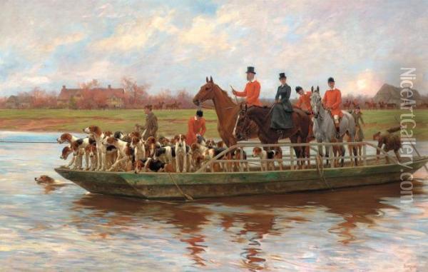 Mr. Edward Lycett Green And The York And Ainsty Hounds On The Ferryat Newby Oil Painting - Thomas Blinks