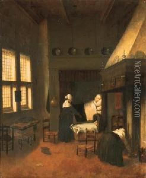 A Bedroom With A Woman In Bed, Her Child In A Cot And Nurses Oil Painting - Jacobus Vrel