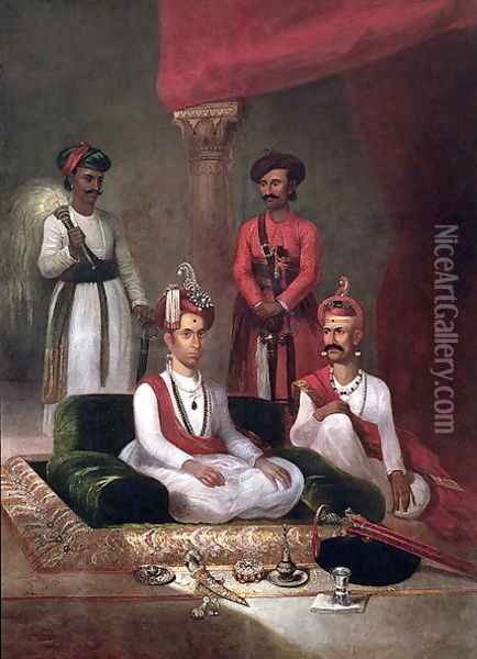 Madhu Rao Narayan, the Maratha Peshwa with Nana Fadnavis and attendants, Poona, 1792 Oil Painting - James Wales