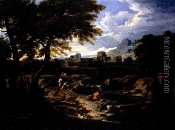 Paesaggio Fluviale Con Figure E Fortezza In Secondo Piano Oil Painting - Gaspard Dughet