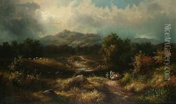 A Extensive Landscape With A Horse And Cart On A Lane, Mountains Beyond Oil Painting - William Stone