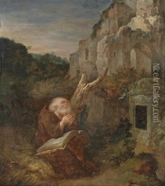 A Hermit Praying Before A Tomb, A Landscape With Ruins Beyond Oil Painting - Jan Griffier the Elder