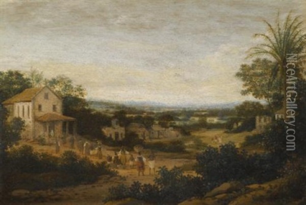 A Landscape In Brazil Looking Down On The Varzea, Europeans And Natives Approaching A Church In The Foreground Oil Painting - Frans Jansz Post