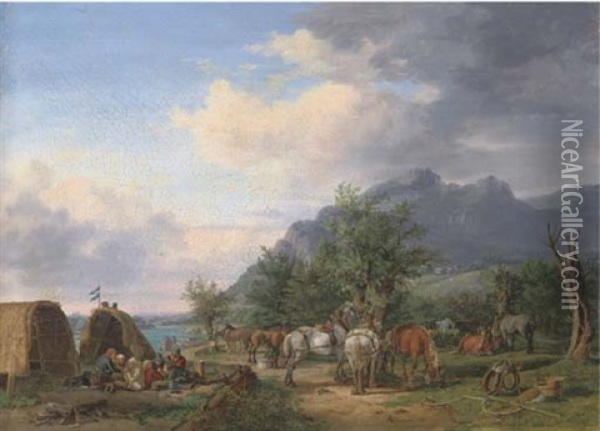 An Encampment By A River In A Mountainous Landscape Oil Painting - Karl Altmann