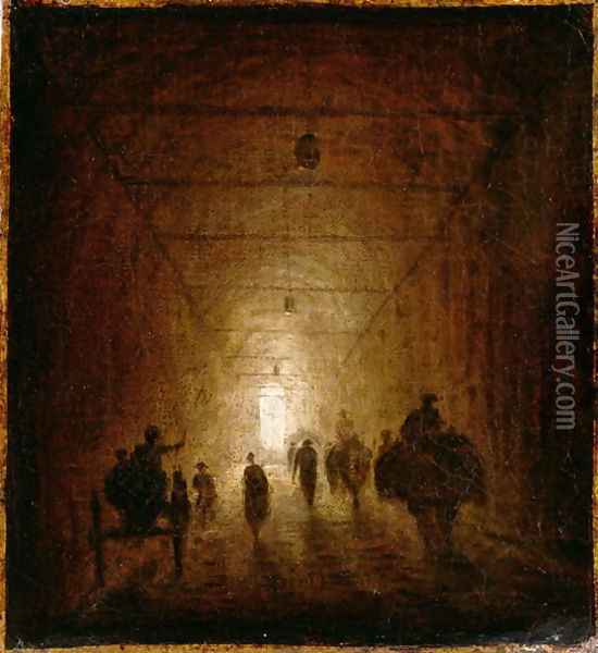 Riders and Pedestrians Passing Through an Arched Passage Oil Painting - Hubert Robert