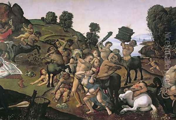 The Fight Between the Lapiths and the Centaurs, detail of Centaurs attacking the Lapiths c.1490s Oil Painting - Cosimo Piero di
