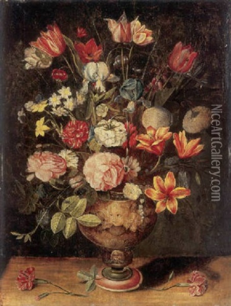 Tulips, Irises, Roses, Carnations, Lilies, Narcissi And Other Flowers In A Sculpted Urn On A Table Oil Painting - Andries Daniels