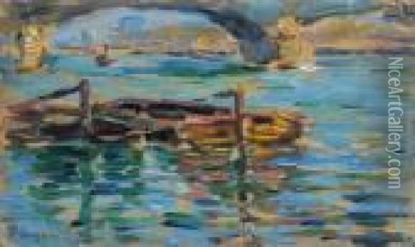 Etude D'asnieres, Le Pont Et Les Chalands Oil Painting - Paul Signac