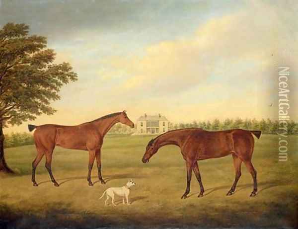 Two hunters and a dog in the grounds of Boulston House, near Haverfordwest, Pembrokeshire Oil Painting - Hayter Kinch