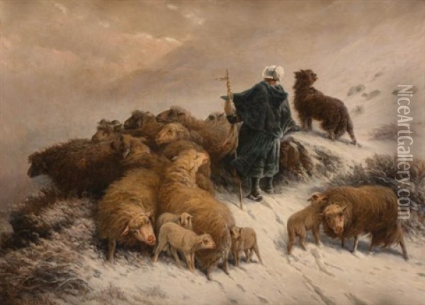 A Shepherd And Flock In The Snow Oil Painting - August Friedrich Albrecht Schenck