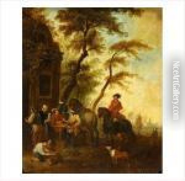 Joueurs De Cartes Et Cavaliers Devant Une Auberge Oil Painting - Pieter Wouwermans or Wouwerman