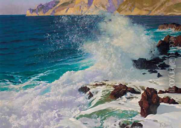 Waves breaking on the Mediterranean coast Oil Painting - Paul von Spaun