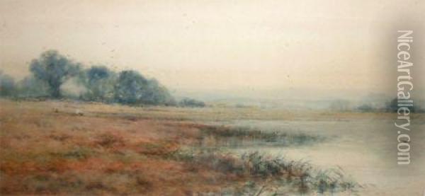 Open River Landscape With Sheep Grazing In Distance Oil Painting - Creswick Boydell