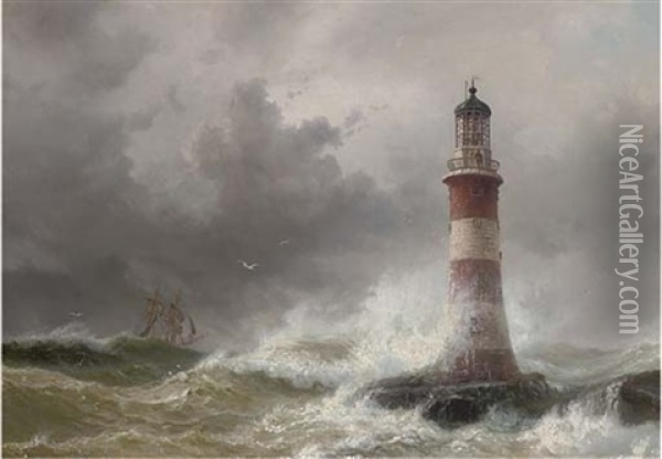 The Lonely Vigil: The Eddystone Lighthouse, Heavy Weather Oil Painting - Vilhelm Melbye