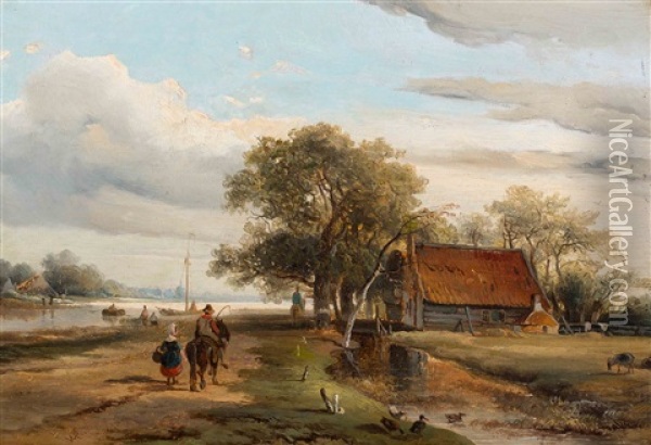 Figures On A Country Road Near A Farm By The Water Oil Painting - Willem Roelofs