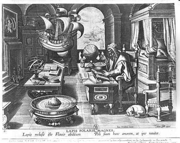 Flavio Gioia of Amalfi discovering the Power of the Lodestone, plate 3 from Nova Reperta New Discoveries engraved by Philip Galle 1537-1612 c.1600 Oil Painting - Giovanni Stradano