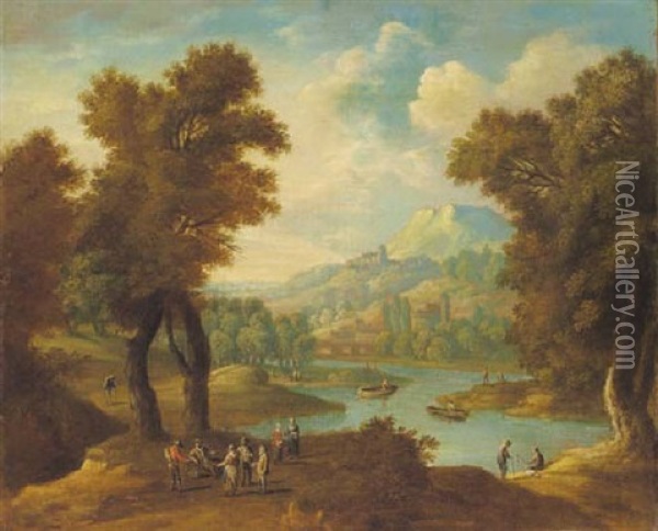 A Rocky Wooded Landscape With Peasants Conversing On A Track Oil Painting - Mathys Schoevaerdts